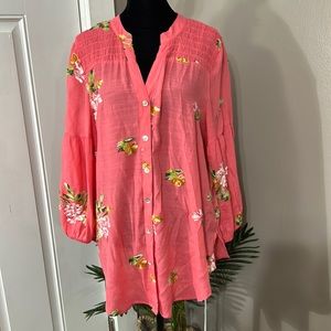FIGUEROA & FLOWER salmon pink button front peasant top embroidery Women’s size L
